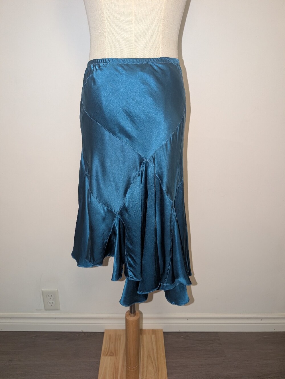 Y2K/2010s Silk Teal Flared Asymmetric Midi Skirt